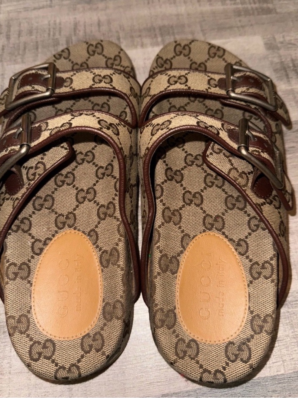 Gucci Beige Brown Monogram Double Buckle Sandals - Picture 3 of 3